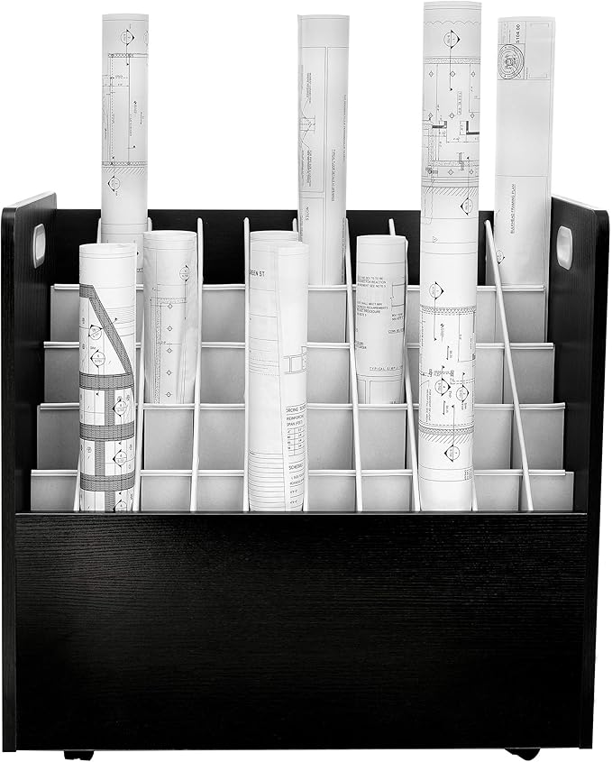 Adir Blue Print Storage Organizer - Mobile Roll File Cart, Construction Plan Holders, Blueprint Cabinet with Wheels, Roll Files Storage for Office and Home (50 Slots, Black)