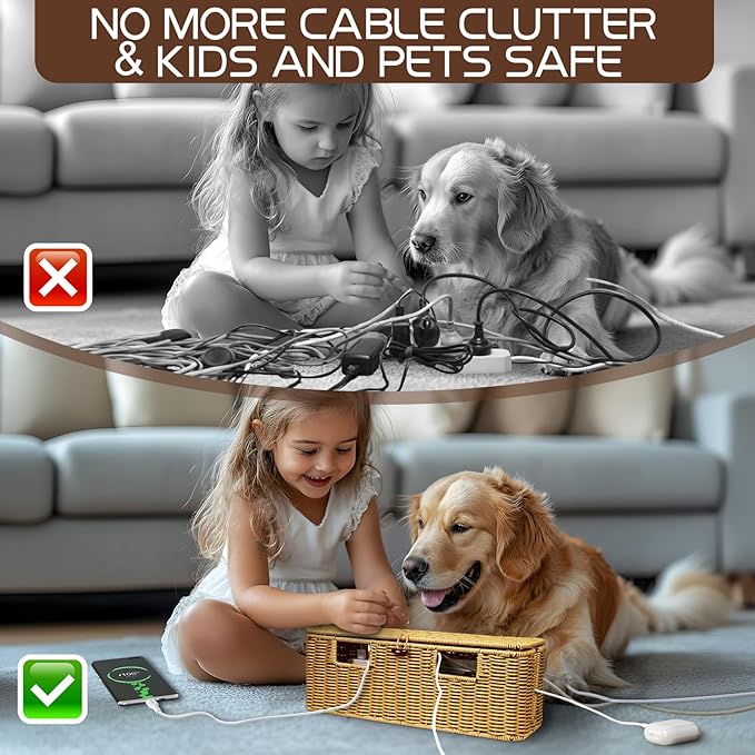 Longer Cable Management Box, 16In Handwoven Cord Management Box with 5 Slots, Floor Cord Hider Boxes for Power Strip and Wire, Cable Organizer Boxes with Lid for Desk, Floor, Office, Living Room