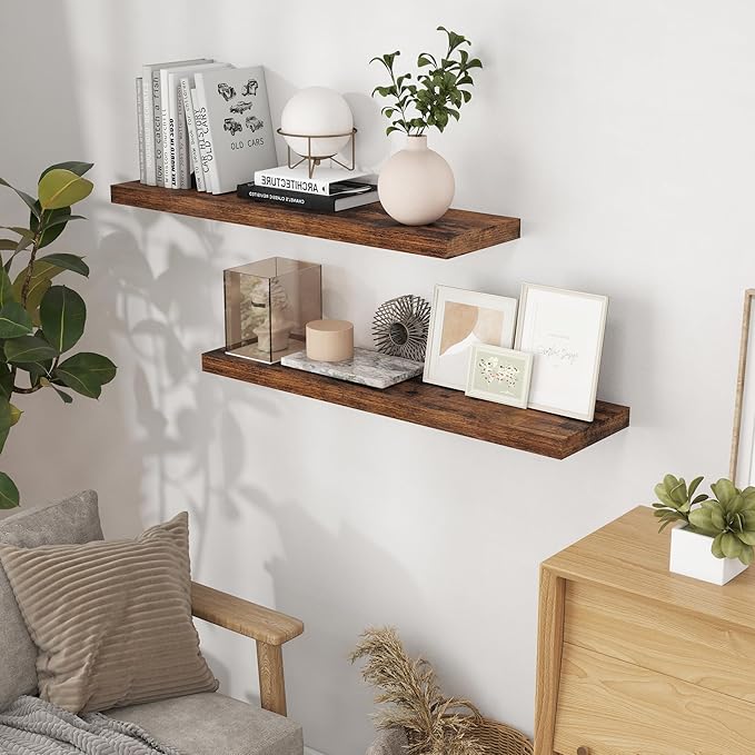 Fun Memories 40 Inch Floating Shelvese, 40" W x 9.3" D Floating Shelf Set of 2, Farmhouse Wood Wall Shelves for Bedroom, Kitchen, Wall Mounted Deep Shelving for Home Decor, Rustic Brown Color
