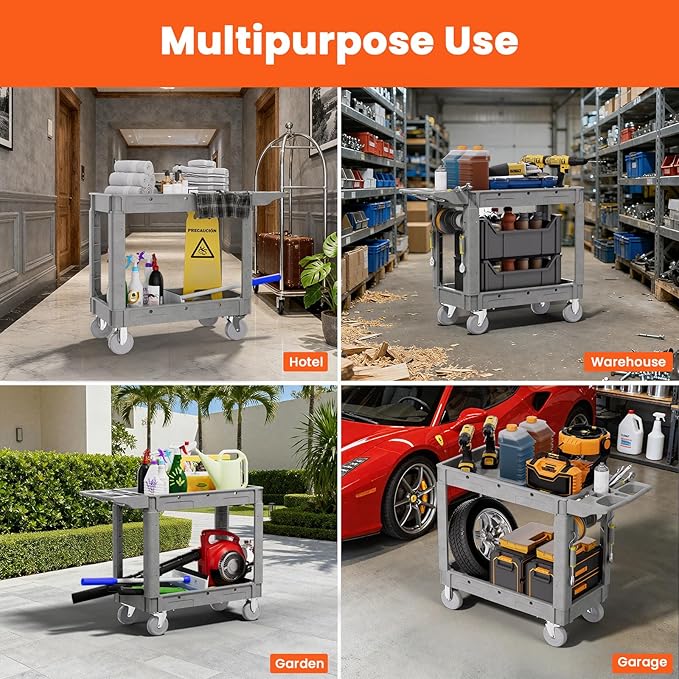 2 Tier Plastic Rolling Utility Cart on Wheels, Heavy Duty Tool Cart with Deep Shelves and 360° Swivel Wheels Holds up to 550 lbs, Service Cart for Garage, Warehouse, Cleaning (Grey-M)