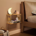 Floating Nightstand Set of 2 - Natural Solid Wood Night Stand, Wall Mounted Bedside Table 2 Tier Shelf, Modern Metal Celestial Side Floating Shelves Decor for Living Room Bedroom