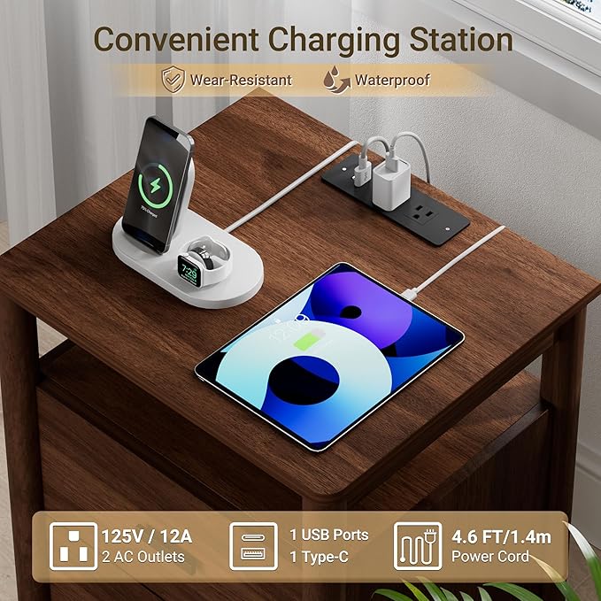 Night Stand with Charging Station, 20" Large Modern Side Table with Solid Round Post Legs, 2 Drawers Nightstand with Open Shelf, End Table/Bedside with Storage for Bedroom, Walnut