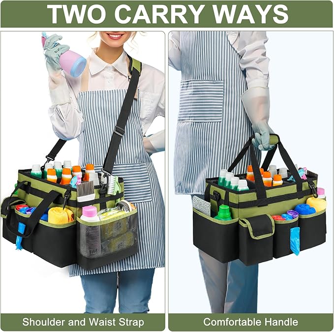 Cleaning Caddy,Large Cleaning Bags for Housekeepers,Cleaning Supplies Organizer with Handle,Green