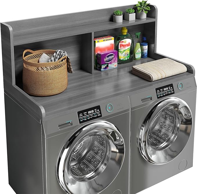2-Tier Washer Dryer Countertop, 18.5" Raised Height Laundry Countertop with Edge Rails and Non-Slip Pad, 54"W x 27.55"D Washer and Dryer Topper for Laundry Room Storage Organization (Stripe Gray)
