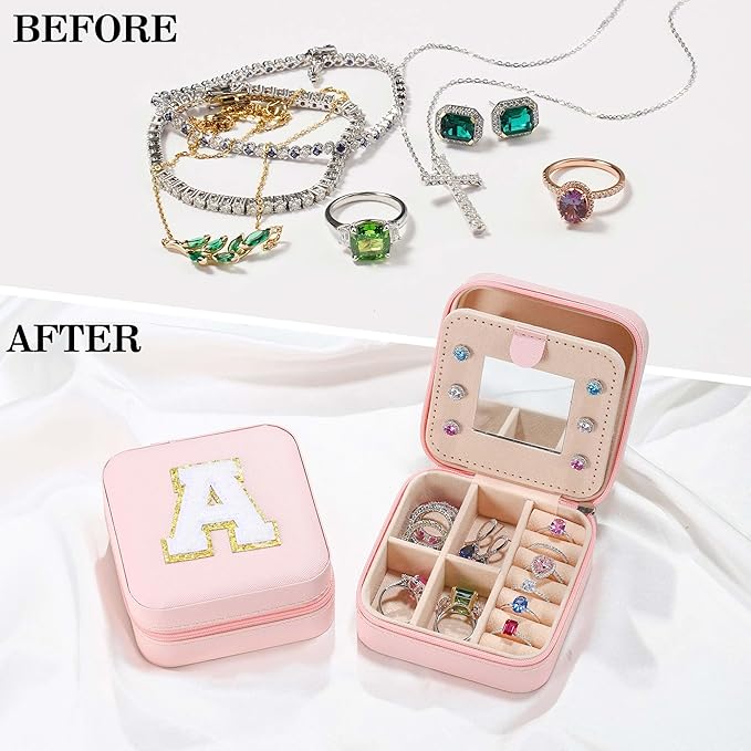 Parima Gifts for Teen Girls - 2025 Travel Jewelry Case Gifts Ideas, 6,7,8,9,10,11,12,13,14 Year Old Girl Birthday Gift Travel Jewelry Organizer Christmas Gifts for Daughter - Letter E, Pink