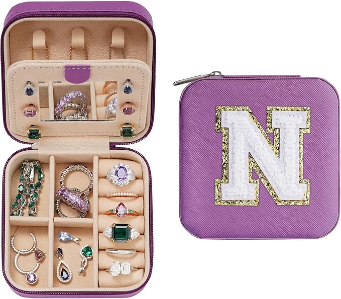 Parima House Warming Gifts New Home - Personalized Jewelry Holder Organizer for Travel | Preppy Purple Stuff & Room Decor for Teen Girls | Travel Jewelry Case - Letter N