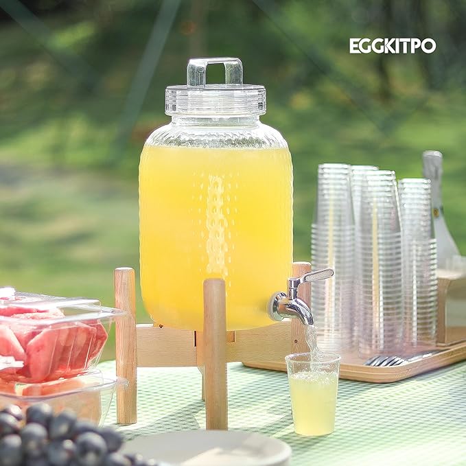 EGGKITPO 2.2 Gallon Drink Dispensers with 304 Stainless Steel Spigot for Parties Lemonade Dispenser with Wood Bracket Clear Cover Polycarbonate Beverage Dispenser for Home Use