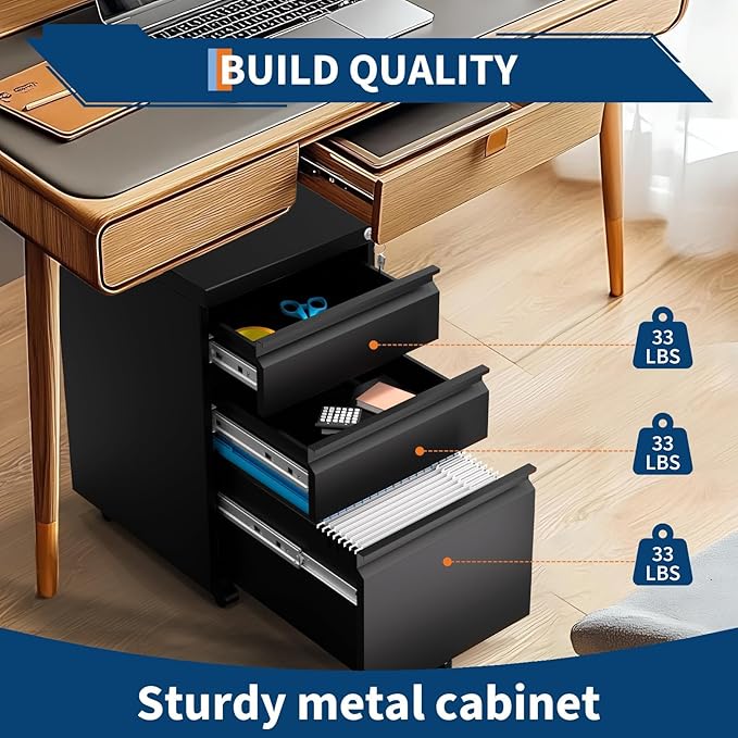 3 Drawer File Cabinet with Lock, Under Desk Metal Mobile Filing Cabinet with Wheels, Small Storage Cabinet for Home Office, Organizer for Letter/Legal/A4 Files, Rolling File Cabinet