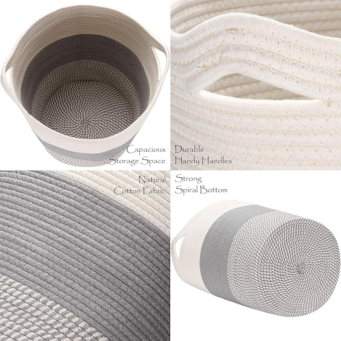 Sea Team Large Size Cotton Rope Woven Storage Basket with Handles, Laundry Hamper, Fabric Bucket, Drum, Clothes Toys Organizer for Kid's Room, 20 x 14 inches, Round Open Design, White & Mottled Grey