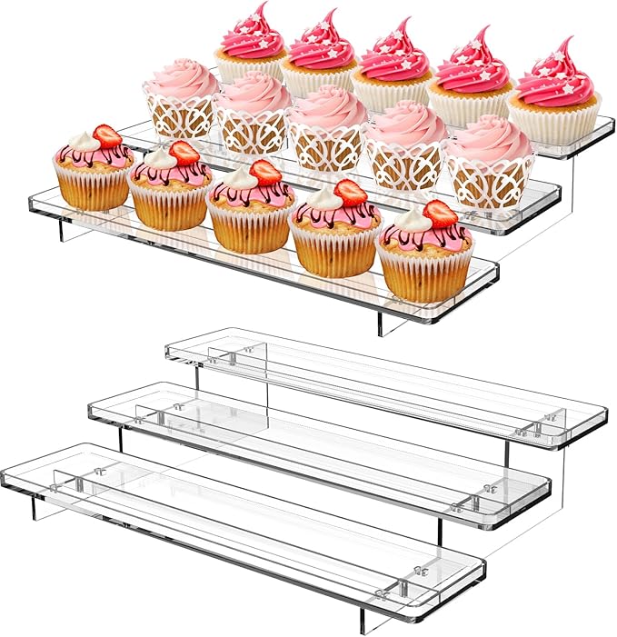 ULENDIS 2 Pack 3 Tier Acrylic Stands for Display, 12 inch Clear Display Stand Risers Shelf for Cupcakes Perfumes Figurines, Tabletop Cupcake Stand for Decorating & Organizing(11.8"x9.4"x3")