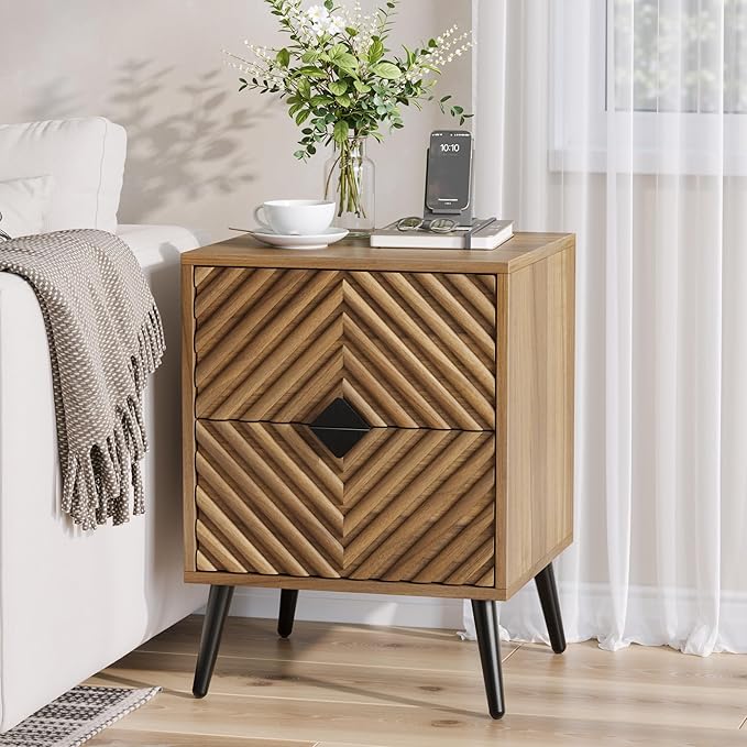 Nightstands, Walnut Night Stand with Diamond-Patterned Drawer Decor, Mid Century Modern Nightstand, Bedside Table with Diamond Handle, End Tables Bedroom with Metal Legs, Night Stand for Bedroom