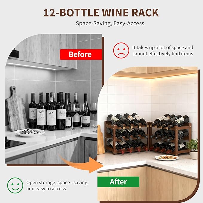 Wine Rack Bamboo Wine Racks Countertop,Sturdy Wine Rack for Inside Cabinet & Freestanding Floor,2 Set of 3-Tier 12 Bottles Racks for Kitchen,Cabinets,Home Bar,Wine Storage Racks(3-Tiers)