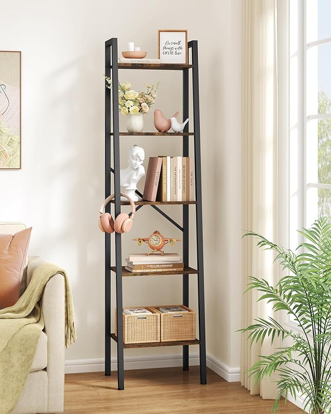 Hoctieon Industrial Ladder Bookshelf, Multifunctional Ladder Shelf, 5-Tier Tall Bookshelf, Open Ladder Shelf Bookcase, for Living Room, Home Office, Kitchen, Bedroom, Metal Frame, Rustic Brown