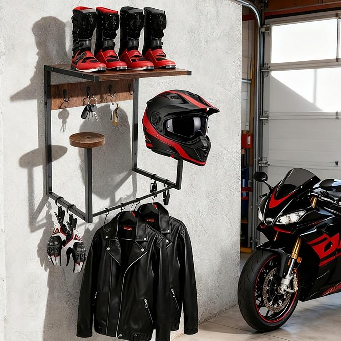 Motorcycle Helmet Wall Mount Rack, Heavy-Duty Helmet Holder with Storage Shelf for Moto Gear Accessories Organization, 2 Helmet Stands, 4 Clips, 9 Hooks for Hanging Gloves, Keys, Jackets