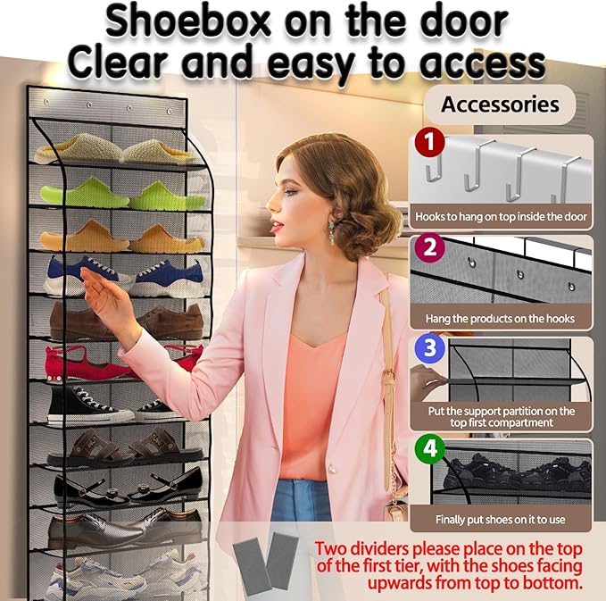 Over The Door Shoe Organizer with 12 Large Breathable Pockets - Sturdy Hanging Storage for Shoes of All Ages - Gray
