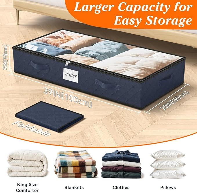 SpaceWhisper 90L Under Bed Storage Containers, 2-Pack Storage Bins with Clear Top, Foldable Closet Organizers and Storage with Label Holder for Clothing, Blankets, Comforter & Pillows(Blue)