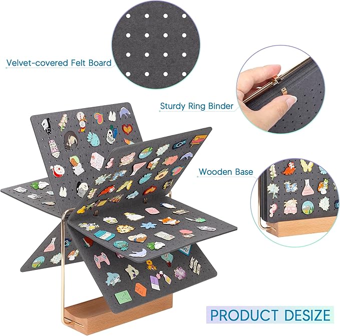 PACMAXI Display Organizers, Brooch Holder, Enamel Pin Pages for Store 180+ Pins, Collection Storage Calendar Wooden Stand With 6 Pages (Not Include Any Accessories) (Grey)