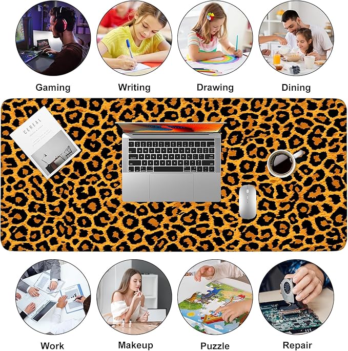 Leopard Print Mouse Pad – Large Extended Desk Mat 35.43 x 15.75 in – Bold Cheetah Animal Pattern, Non-Slip Rubber Base, Waterproof Surface, Fashionable Keyboard & Mouse Pad for Office, Home, or Gaming