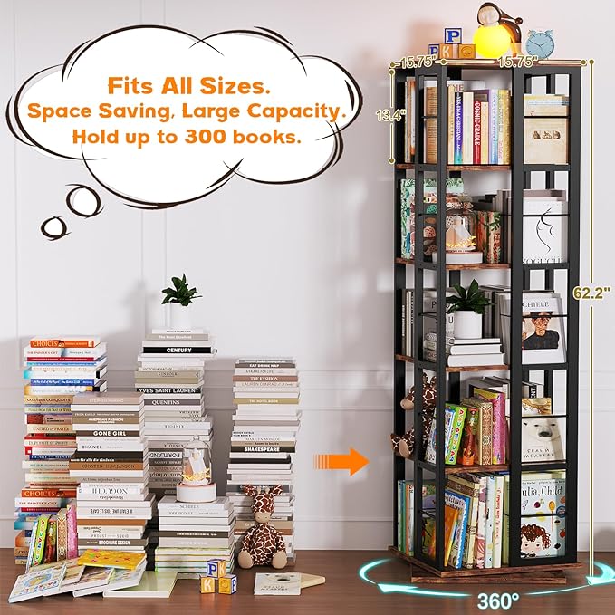Aheaplus Rotating Bookshelf, Corner Bookcase, 360 Display Wood Spinning Bookshelves, Floor Standing Bookcase Narrow Shelf,5 Tiers, Rustic Brown