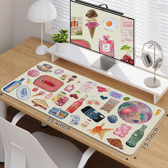 iCasso Office Desk Mat for Keyboard and Mouse, Large Mouse Pad, Desk Pad Mat, Anti-Slip Big Mousepad with Stitched Edges for Computer Desktop Cover Protector (Watercolor Stickers)