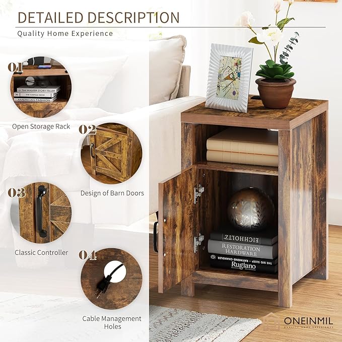 Farmhouse Nightstand with Charging Station, Couch Side Table Set of 2, Bedside Table with Storage Space, End Tables with Barn Door, Bed Side Tables for Living Room and Bedroom, Rustic Brown