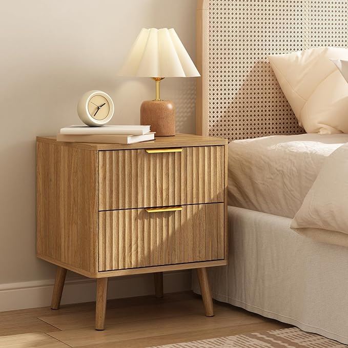 CARPETNAL Fluted Nightstand Set of 2, Walnut Bedside Table with 2 Drawers and Gold Handles, Wood End Table Mid Century Night Stands for Bedroom Living Room