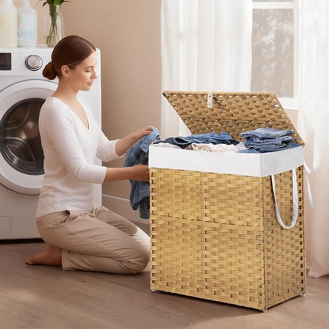 Woven Laundry Basket with Lid, Large Hamper with Removable and Machine-Washable Liner, Foldable Rattan Clothes Hamper, Sturdy Steel Frame, Odor Control, 110L Capacity, Goose Yellow