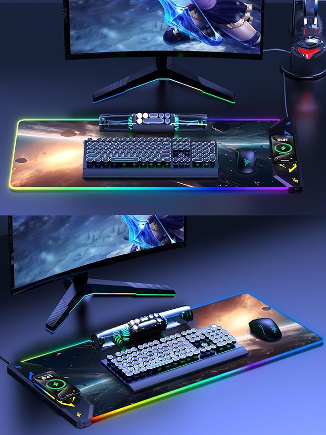 TopMade Wireless Charging Mouse Pad, RGB Gaming Mousepad, 35.4" x 15.8" Extra Large Waterproof Keyboard Desk Pad, Computer Desk Mat, Cosmic Planet (Includes 20W PD Power Adapter & 6.56ft Woven Cable)