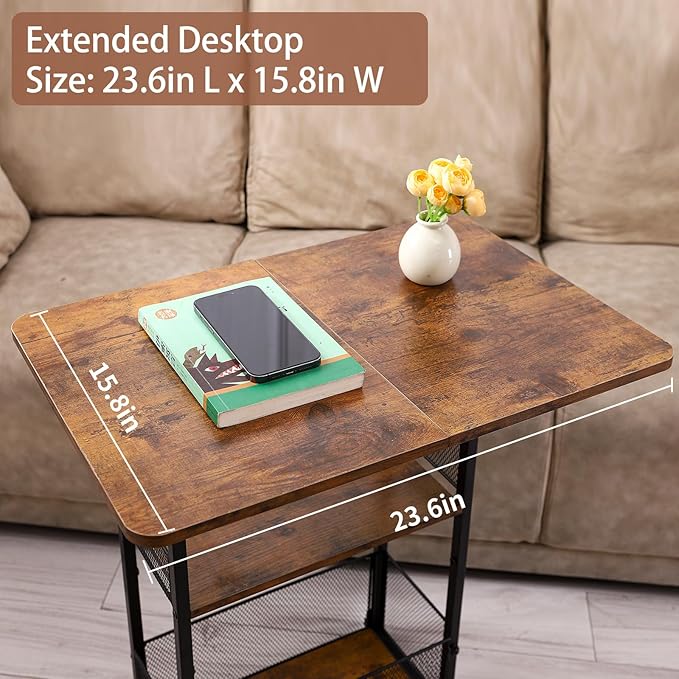 C Shaped End Table with Storage Shelf Basket, Small Couch Table with Wheels for Sofa Recliner Bedside, Rustic Brown Side Tables with Extended Desktop for Living Room, Bedroom, Home,Office