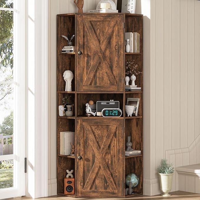 Farmhouse Corner Cabinet, Tall Corner Storage Cabinet with Barn Doors and Adjustable Shelves Wooden Display Bookshelf Pantry Cabinets Organizer Home Furniture for Bathroom, Living Room