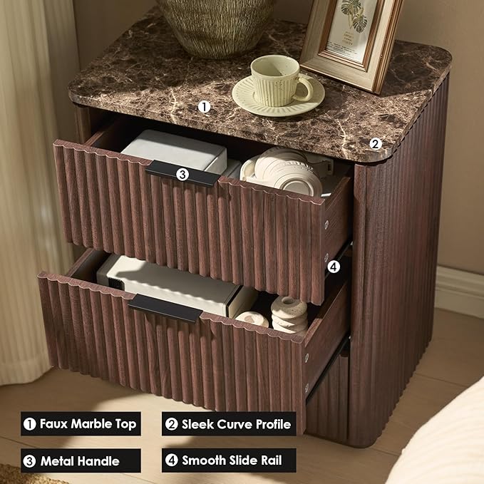 Fluted Nightstand with 3 Drawers, Engineered Wood Bedside Table with Faux Marble-Top, Modern End Table with Curved Corners, Metal Handle, Large Night Stand for Bedroom, Office, Closet, Dark Oak