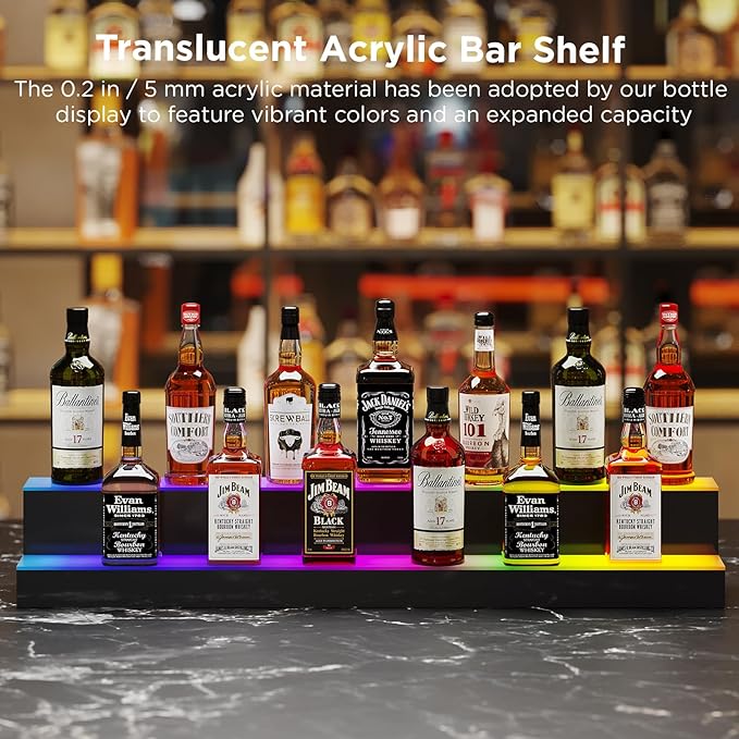 Dethan 2 Tier 40 Inch Liquor Bottle Display Shelf - Wine Racks with Multi-Color App & Remote Control, Adjustable Brightness & Sound Modes, Acrylic Bar Shelves for Commercial Clubs