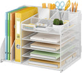 Lavatino 5-Tier Desk Organizer with 2 File Holders, Metal Adjustable Paper Letter Tray for Office or Home Desk Organizers and Accessories | 7 Flexible Dividers Keep Workspace Supplies Neat, White