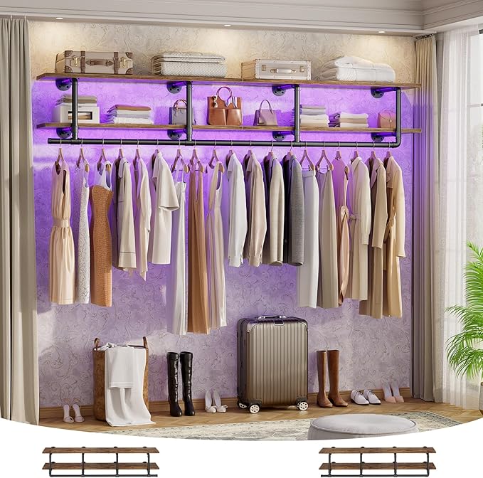 Aheaplus Industrial Pipe Clothes Rack with Top Shelf, 59In Space-Saving Wall Mounted Clothing Rack, 2 Tiers Heavy Duty Pipe Clothing Shelves with Hanging Rod for Laundry Room, Closet, Rustic Brown