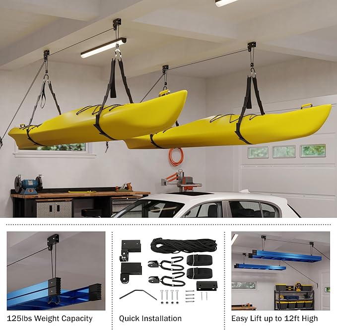 RAD Sportz Kayak Storage Hoists - Overhead Pulley Hoist Systems with 125lb Capacity Each for Canoes, Bikes, Ladders, and More