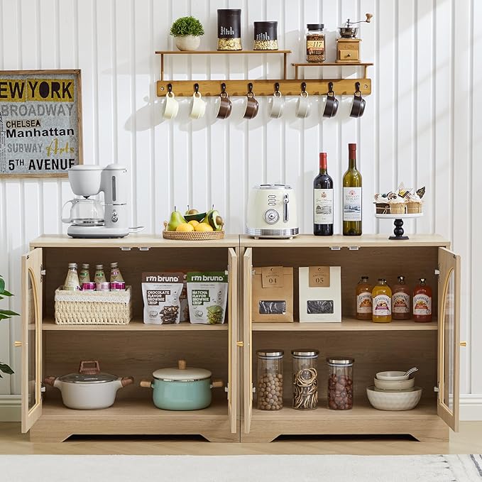 Farmhouse Floor Storage Cabinet with Arched Acrylic Door, 27" Short Accent Display Sideboard Buffet Cabinet with Adjustable Shelf for Living Room, Bathroom, Kitchen Coffee Bar (Natural)