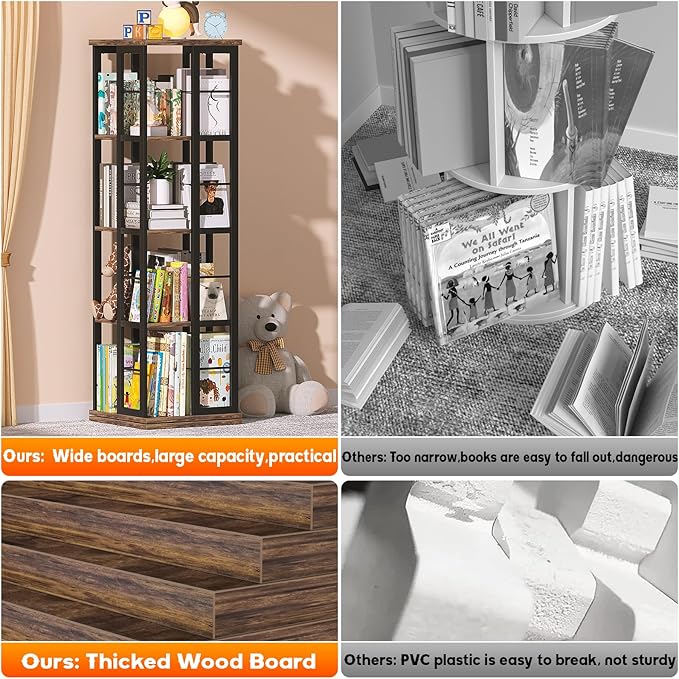 Aheaplus Rotating Bookshelf, Corner Bookshelf, 360 Display Wood Spinning Bookshelfs, Floor Standing Bookcase Narrow Shelf Revolving Organizer Storage Rack for Small Space, Bedroom, Study Room