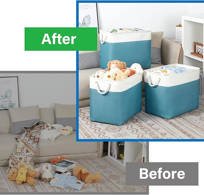 Bidtakay Extra Large Storage Baskets for Shelves 3 Pack Fabric Storage Bins for Organizing Linen Collapsible Organizer for Closet-White&Teal