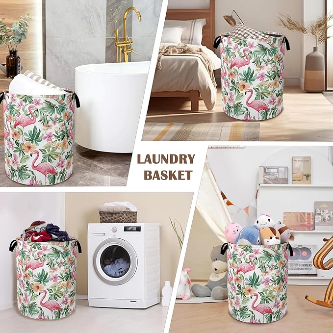 Pink Flamingo Laundry Basket,Floral Plam Collapsible Laundry Baskets with Handles,Waterproof Oxford Cloth Storage Basket 16"x20" for Bathroom/Bedroom/Dormitories