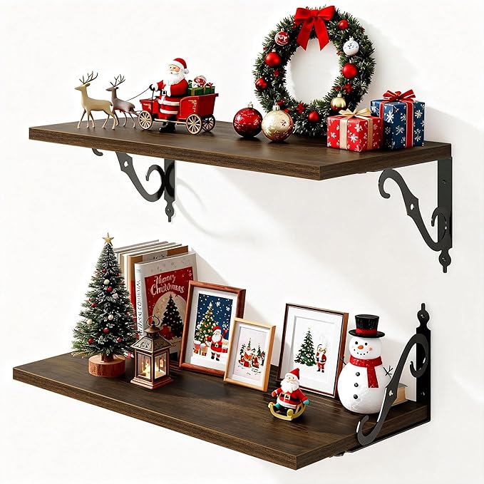 Floating Shelves for Wall, 24"W x 12"D Wall Shelves, 12 Inch Deep Floating Shelf with Bracket, 24 Inch Floating Shelves for Living Room and Bathroom, Display & Storage Shelves, Walnut, Set of 2