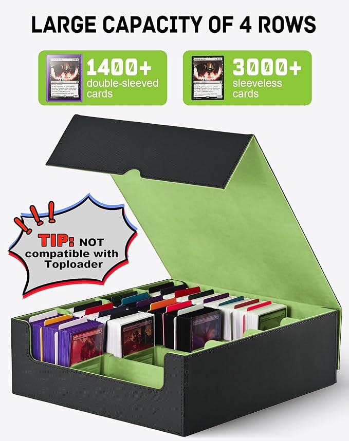 ZLCA Card Storage Box for MTG PTCG, Commander Deck Box Holds 3200+ Cards, Trading Card Storage Case with 4 Stoppers, Card Organizer for TCG Sport Cards(Black&Green)