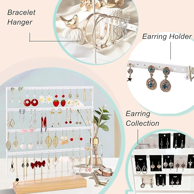 Earring Organizer Stand for Women, 4 Tier Tall Jewelry Holder Organizer Rack, Tabletop Display Rack Multiple Pierced Earrings, Wood and Iron Hanging Jewelry Organizer