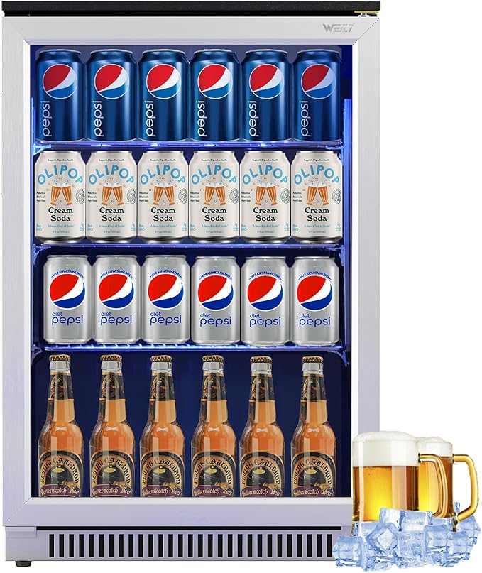 Weili 20 Inch Built in Beverage Fridge with Glass Door, 120 Can Under Counter Soda Beer Drink Refrigerator with Blue LED Light for Home Office or Bar, 36-50°F Auto Defrost