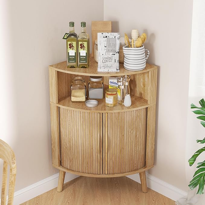Bathroom Corner Storage Cabinet, 31.5''H Small Floor Corner Cabinet with 2 Fluted Doors and Shelves, Freestanding Narrow Cabinets Organizer for Living Room, Kitchen (Wood Color, 31.5''H)