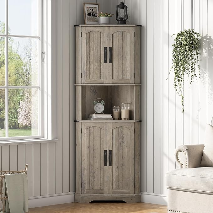 Maupvit Tall Corner Cabinet, Farmhouse Corner Storage Cabinet with 4 Barn Doors and Adjustable Shelves, Storage Pantry Cabinet for Kitchen, Living Room, Laundry Room, Grey
