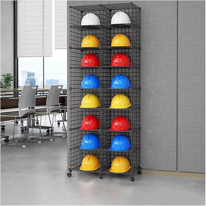Stackable Safety Helmet Storage Boxes, Large Adjustable Hard Hat Placement Organizer Rack,with Wheels,for Construction Site/Garage/Workshop/Factory Helmet Display Shelf (Black, 16 Grids-2 * 8)