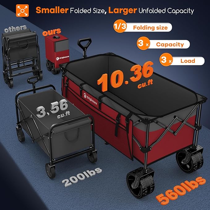 48" L Folding Beach Wagon Cart Foldable, 560lbs Weight Capacity 300L Heavy Duty Collapsible Wagons with Big All-Terrain Wheels, Utility Carts for Groceries, Shopping, Camping, Sports - Grey&Red