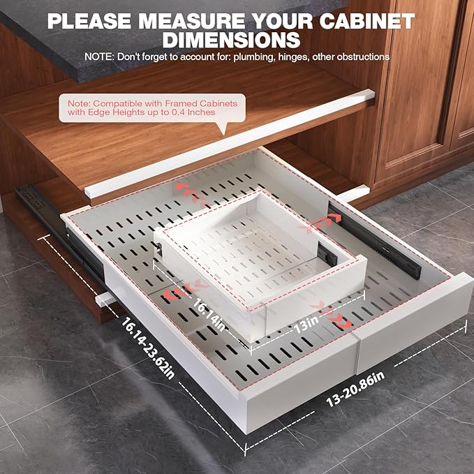 1 Pack Pull Out Cabinet Organizer Expandable Width(13"-21") and Depth(17"-24"), Slide Out Drawers With Raising Pad for Framed Cabinets, No Drill Roll Out Shelves for kitchen, Bathroom, White