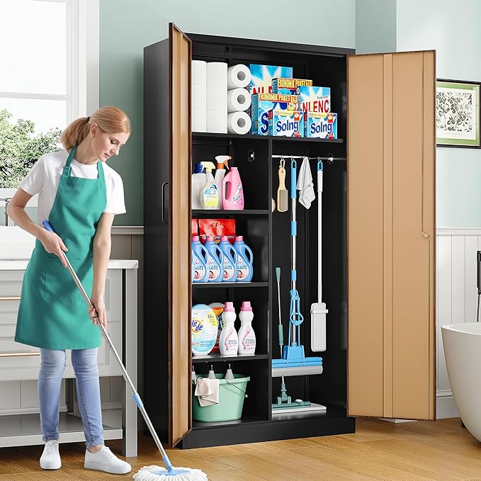 Wide & Deep Metal Storage Cabinet with Hanging Rod,Broom Closet Storage Cabinet with Lock,72" Tall Wardrobe Cabinets with Doors and Shelves,Locking Steel Tool Cabinets for Home,Office,Garage