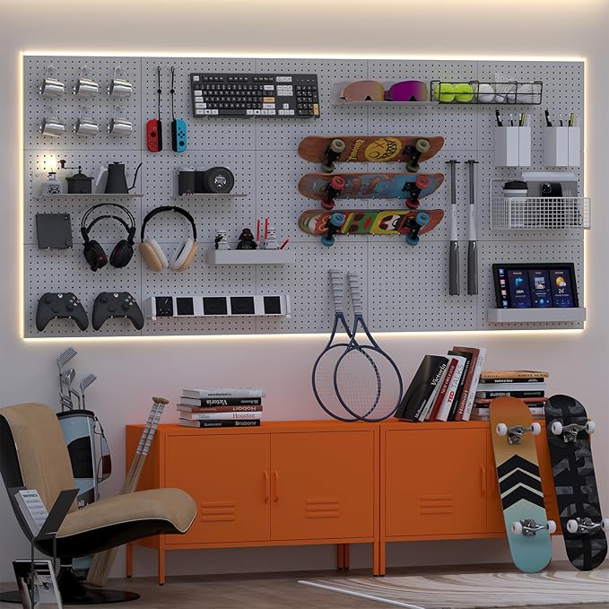 Pegboard,Metal PegBoard Panels,Steel Wall Pegboard,Metal Peg Board Wall Organizer for Office,Crafts Organization, Ornaments Display,Grey